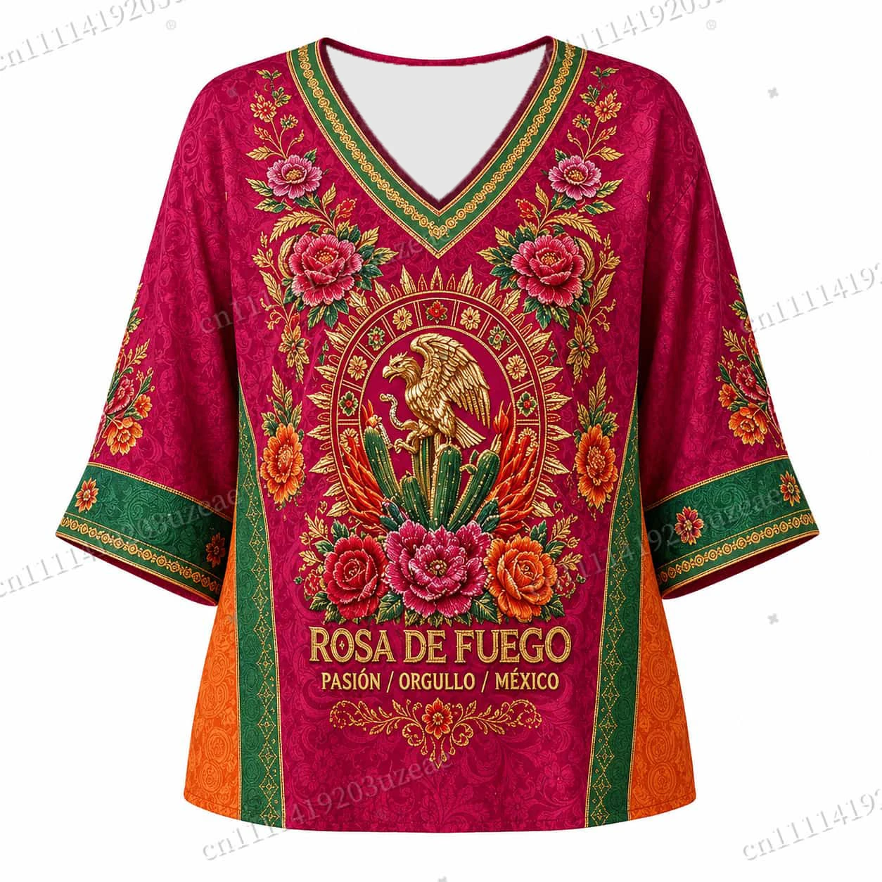 Damen-T-Shirt „Mexican Rosa De Fuego“ mit V-Ausschnitt, kurzen Ärmeln, Adler-Kaktus-Blumenmuster, Boho-Stil, locker geschnitten, lässiges Sommer-Top – Detail 6