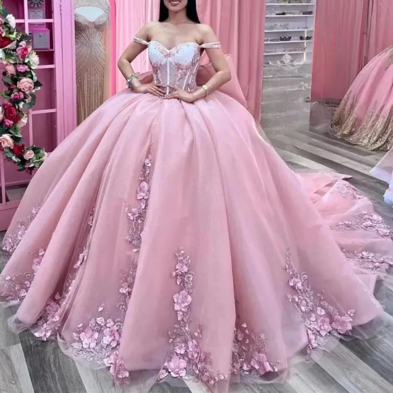 

Pink Off The Shoulder Corset Mexican Quinceanera Dress 2024 Ball Gown Prom Party Appliques Lace Flower Beads Tull Vestido De XV