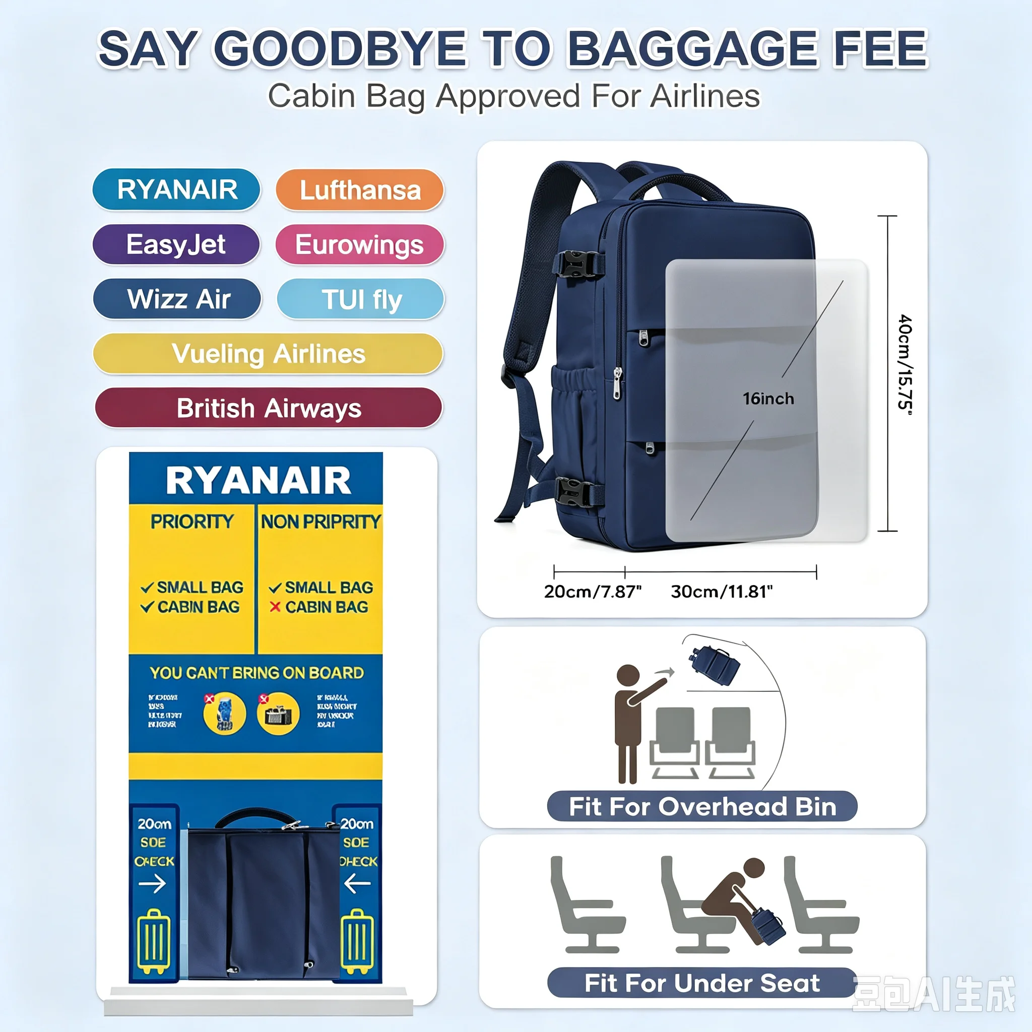 Ryanair 40x30x20 Cabin Airplane Travel Backpack, Hand Luggage Backpack Wizzair Carry-Ons 15.6 '' Laptop Bags Business Backpack ﻿