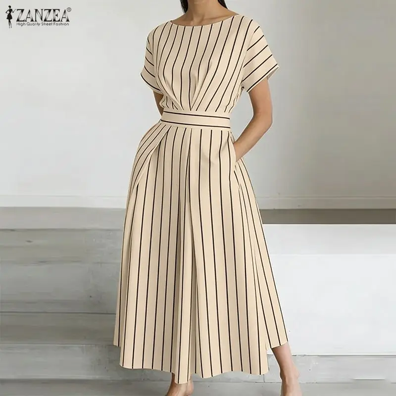 ZANZEA Modisches Damen-Kleid mit kurzen Ärmeln, gestreift, Sommerkleid, OL-Arbeitskleid, elegantes A-Linien-Kleid mit Taille, Midi-Robe, lässige Urlaubskleider