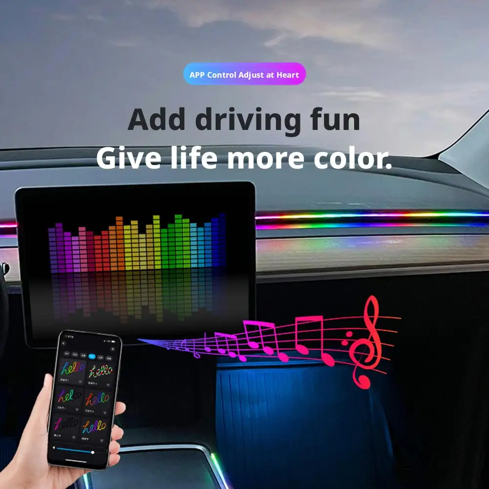 64 ألوان سيارة LED المحيطة شرائط مصباح USB الاكريليك RGB التحكم مصباح داخلي جو تصميم ضوء مخفي 43.3in APP عن بعد E2Q2