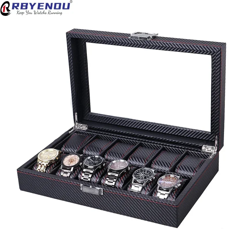 PU Leather Carbon Fiber Texture Watch Storage case Box Multifunctional Sunroof Collection Display 6/10 Slots Customizable logo