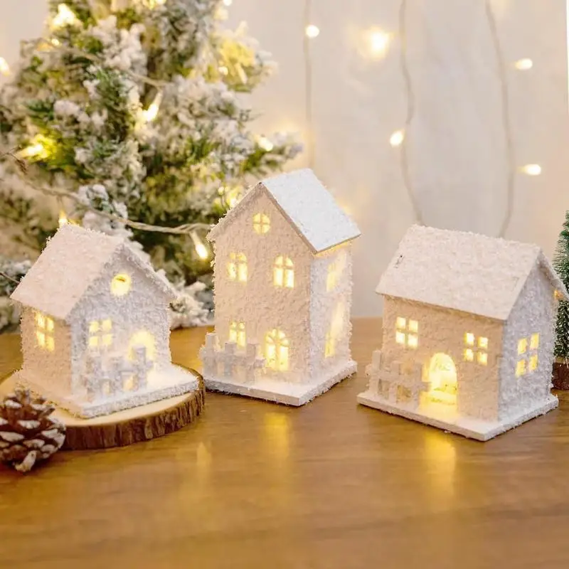 White Christmas Houses LED Lighted Mini Wood Christmas Village Houses Hand Painted Decorative Snowy Frosted Christmas Tree