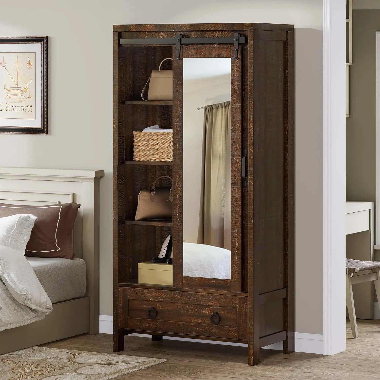 Tall Storage Cabinet with Full Length Mirror, Farmhouse Bathroom Cabinets with Doors and Drawers