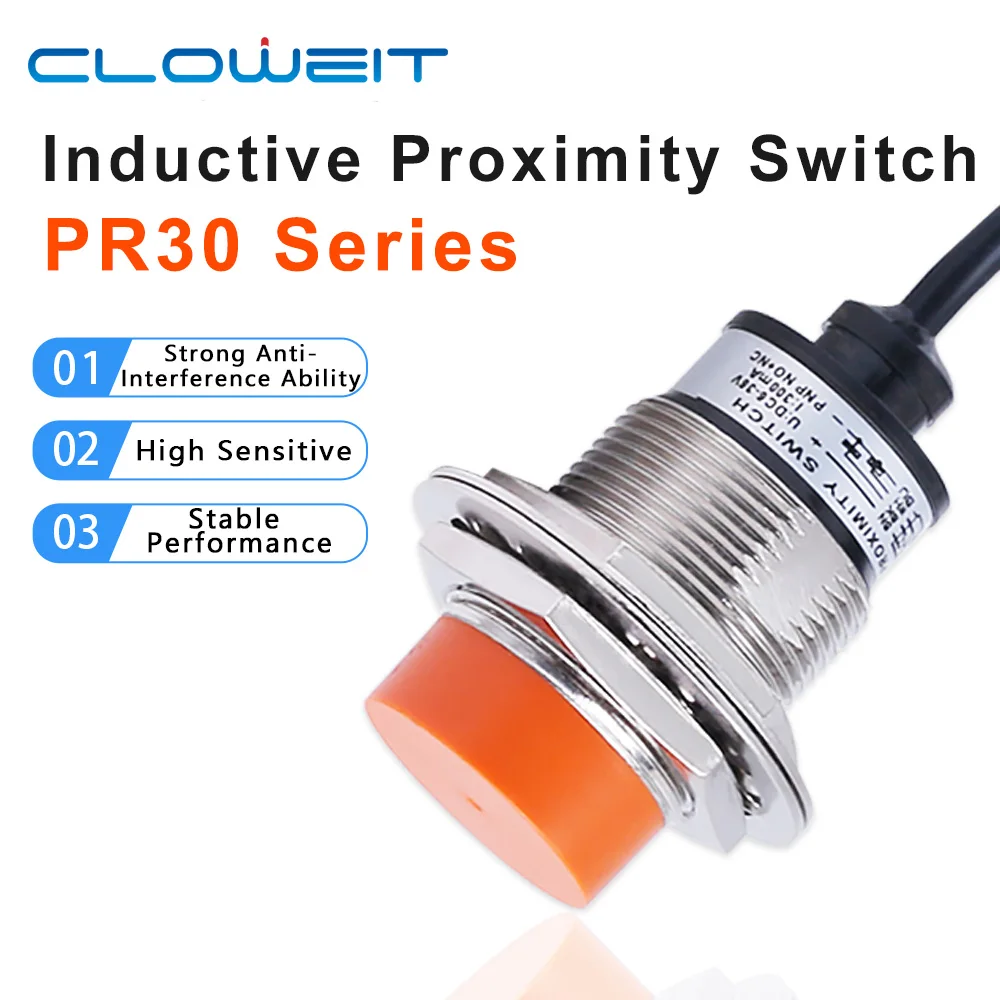 Cloweit PR30 Proximity Sensor Switch Non-Flush M30 Short NPN PNP 12-24V DC 15mm Sensing Distance Metal Inductive Proximity Switc