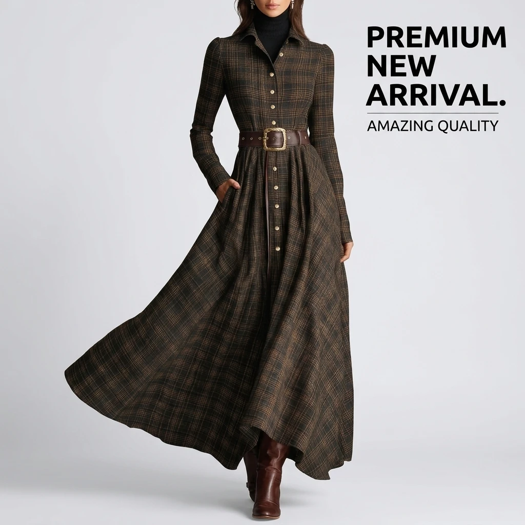 Plaid Maxi Shirt Dress for Women Irregular Hem Long Sleeve Lapel Button Up Belted Dress