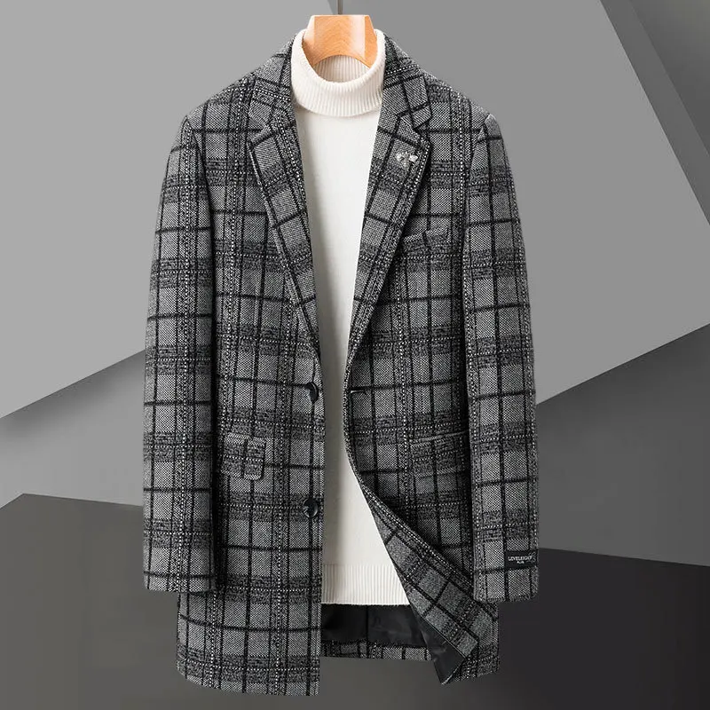 

Winter Jacket Men Woolen Windbreaker Korean Slim Abrigo Largo Hombre Plaid Print Blend Solid Color Coat Long Thick Warm Jacket