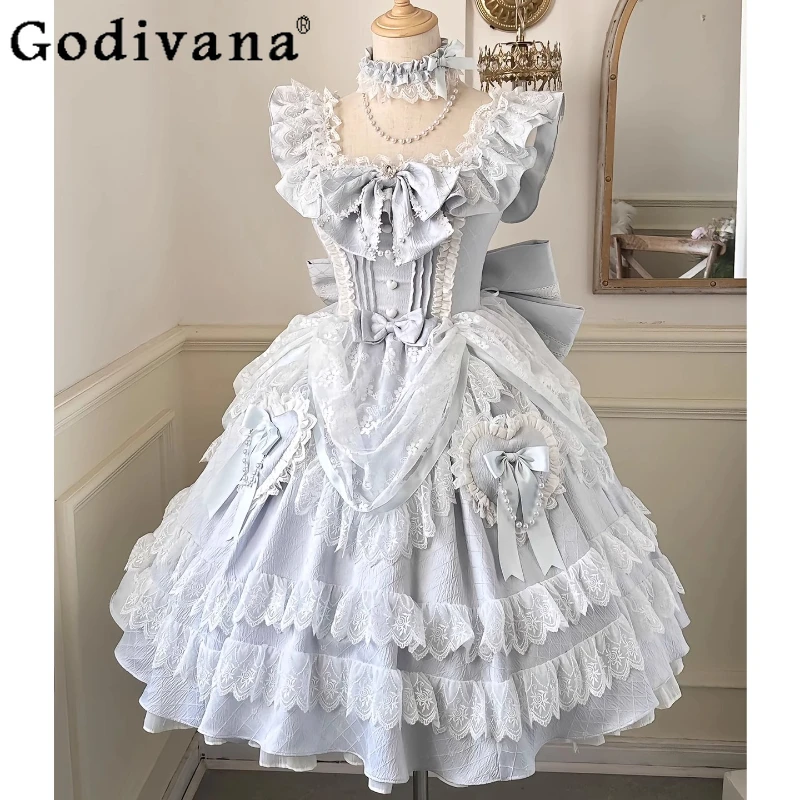 الأزرق الحلو فتاة دمية الدانتيل لوليتا فستان بلا أكمام تأثيري عيد ميلاد فستان الأميرة المرأة حفل زفاف فستان Kawaii