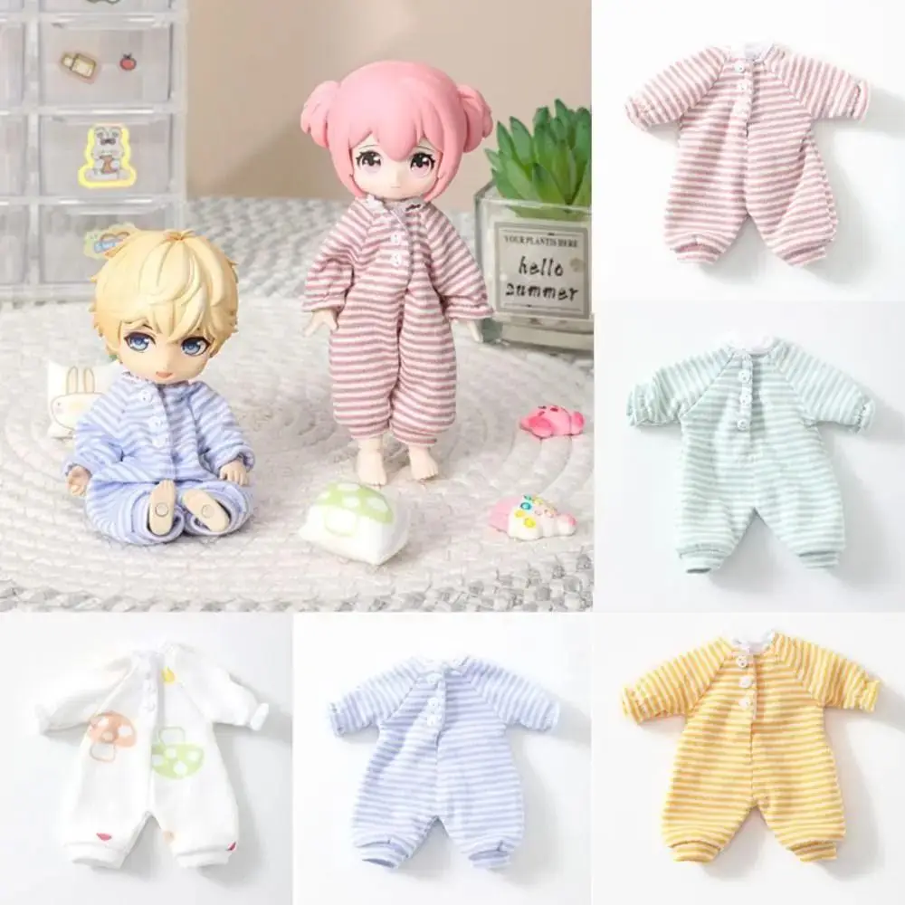 Toy Outfit Cute Pajamas Doll Pajamas Clothes Jumpsuits Pink Blue Doll Clothes Suit Stripe Cartoon Ob11 Dolls Clothes BJD Doll