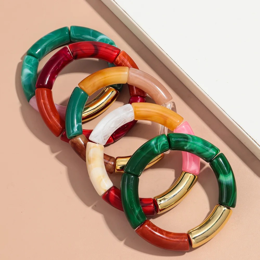 New Colorful Big Bamboo Tube Beads Acrylic Bracelets Bangle for Women Men Boho Stretch Curved Resin Bracelet Stack Jewelry Gifts