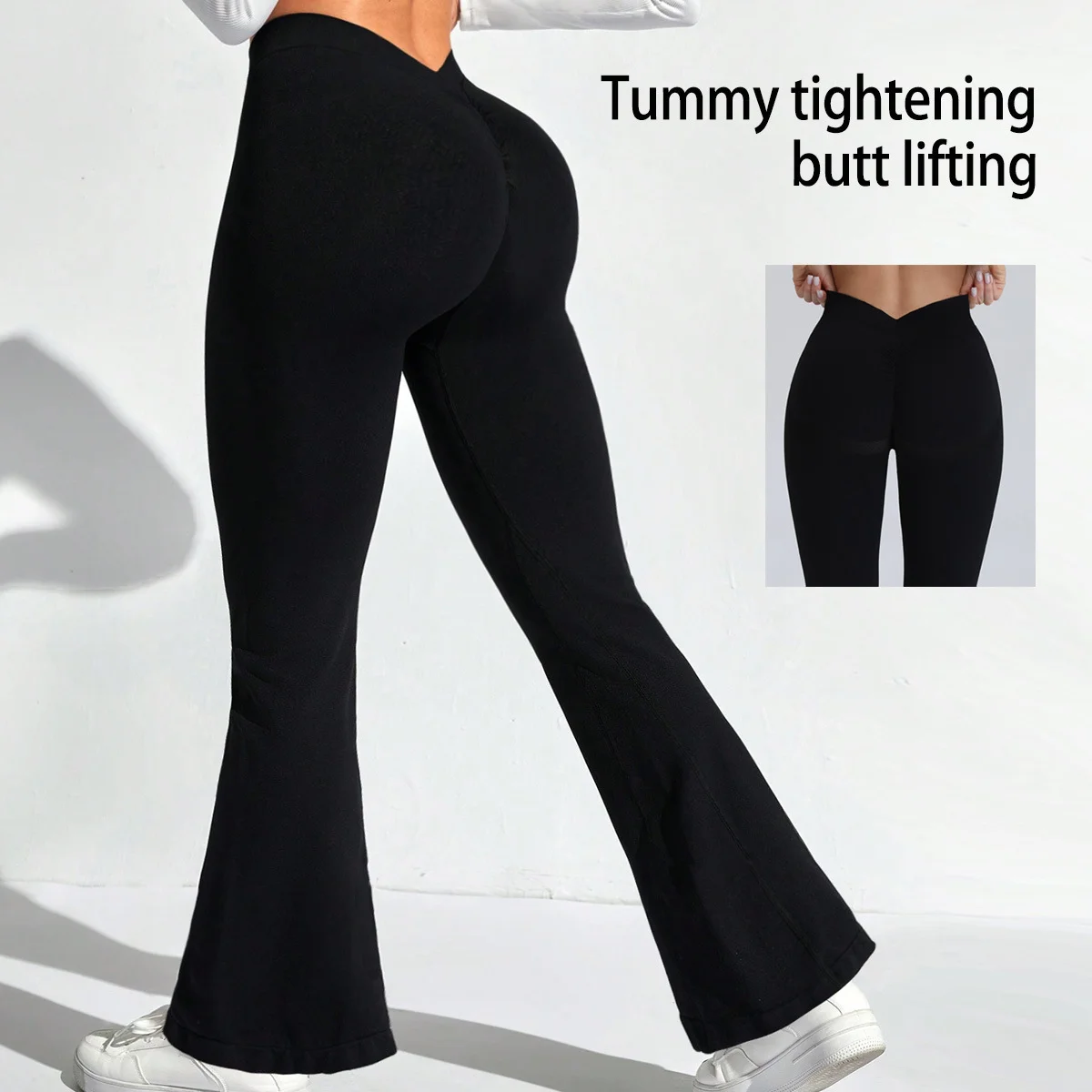 High-Waist Tummy-Control Yoga Pants for Women, Deep V Flared, Peach-Hip Sports Leggings, High-Stretch Running and Fitness Pants