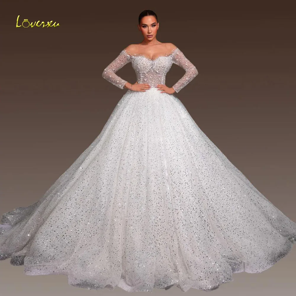 

Loverxu Ball Gown Glitter Wedding Dresses Off The Shoulder Vestido De Novia Lace Beaded Sequined Luxury Custom Made Bridal Gowns