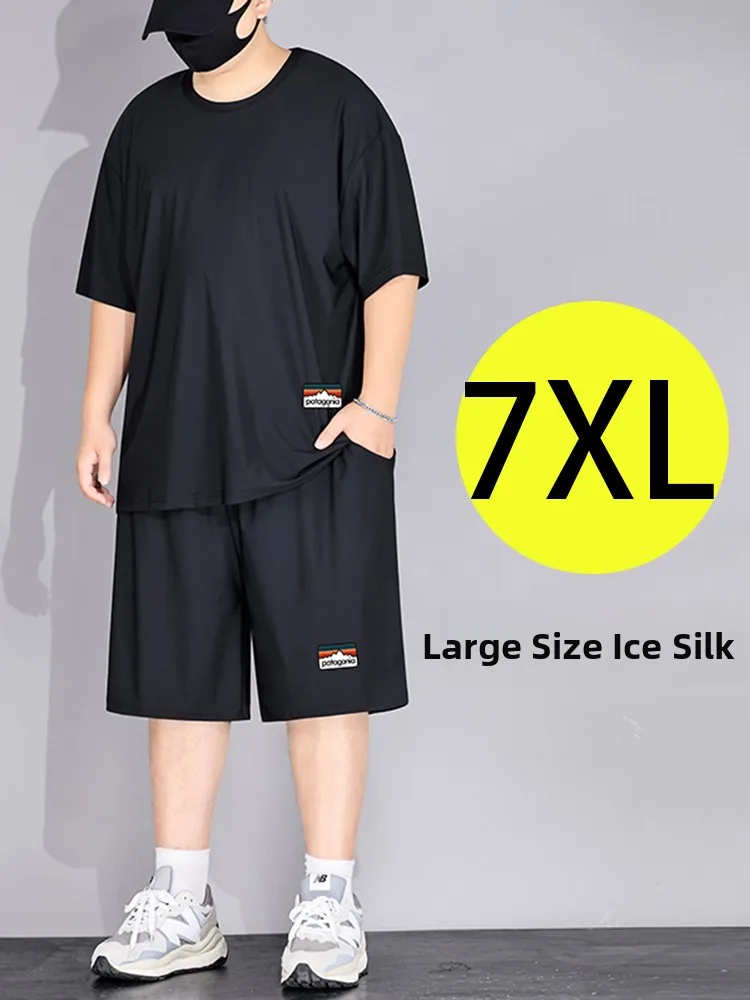 

Мужской летний спортивный комплект большого размера: новая модная черная облегающая футболка и шорты из охлаждающего ледяного шелка (2 предмета)