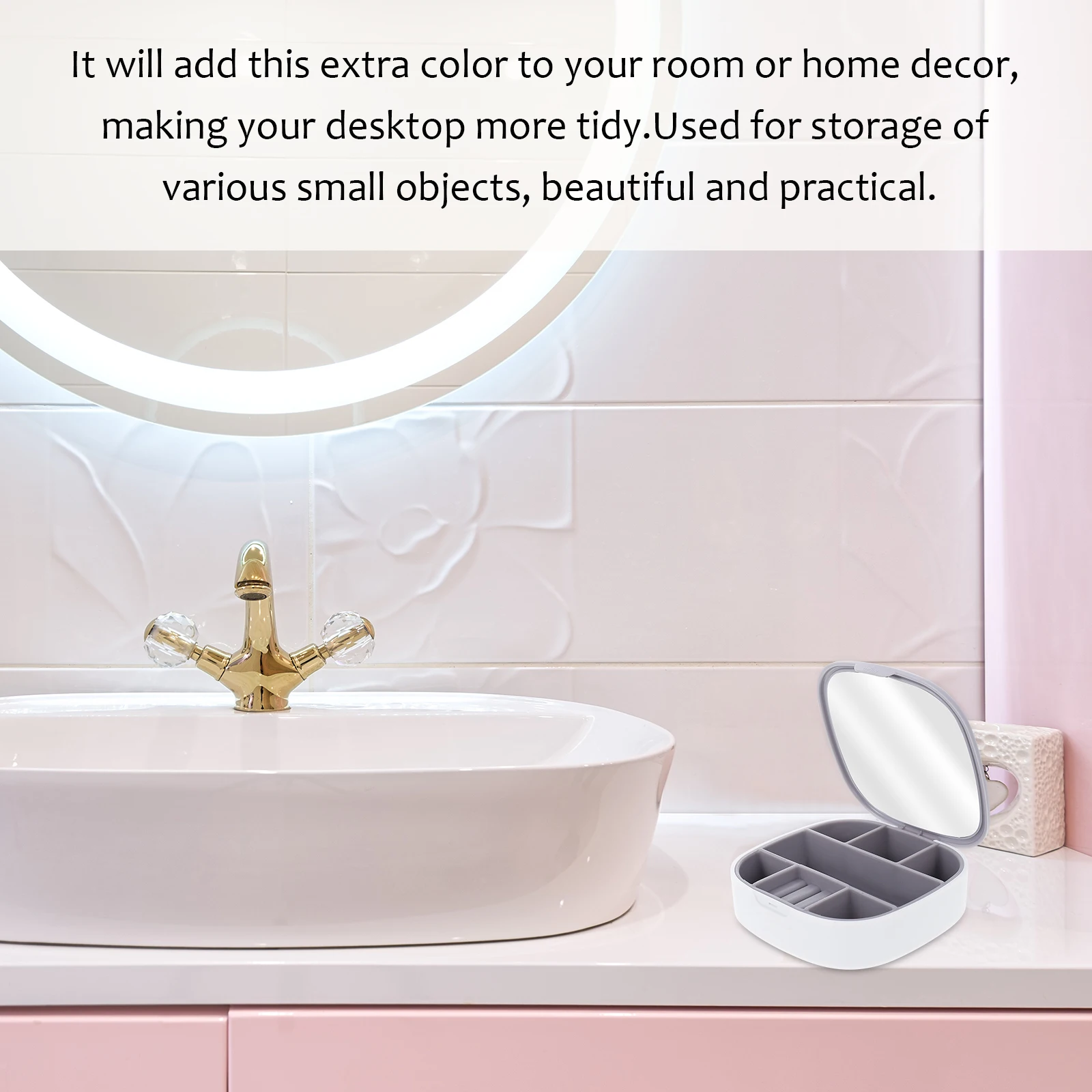 

Portable Jewelry Box Earring Necklace Storage Organizer Case Mirror Multi-Grid Holder Desktop Container Home Party Use