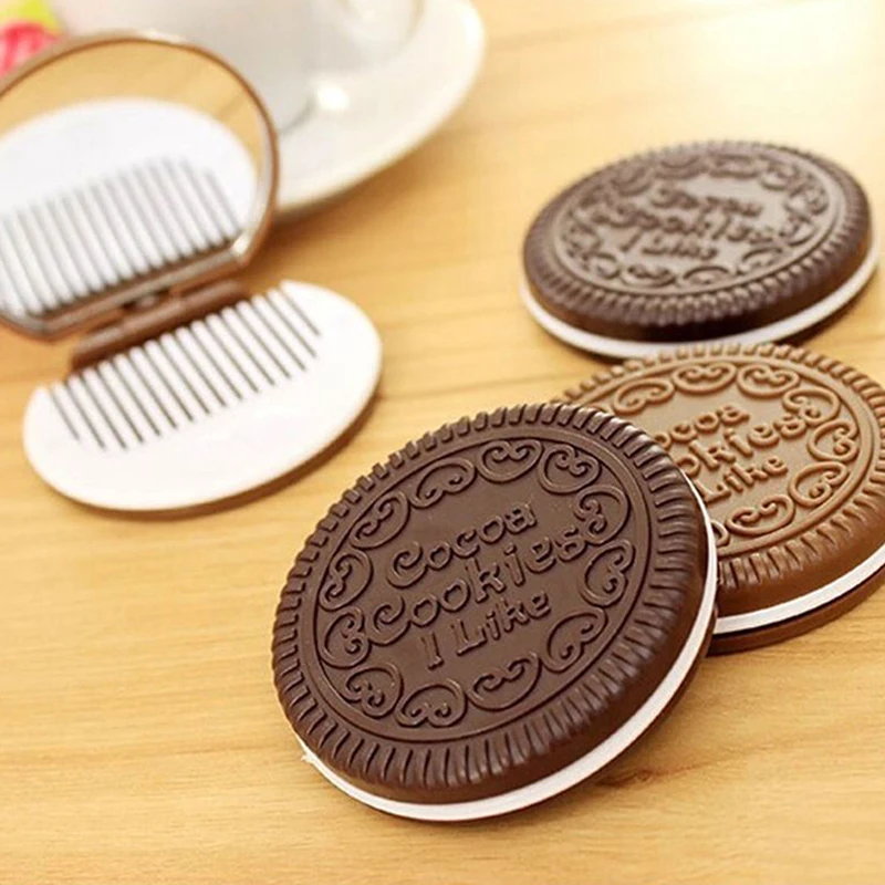 Portable Mini Pocket Mirror With Comb Brown Cute Chocolate Cookie Shaped Design Mirror Makeup Chocolate Folding Comb Makeup Gift