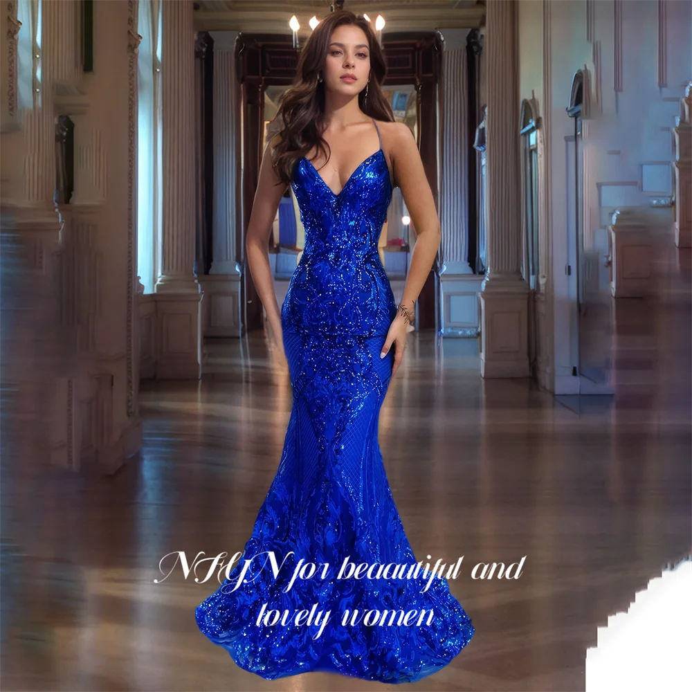 

NFYN Royal Blue Long Sequin Formal Dresses Mermaid V Neck Spaghetti Strap Prom Dresses Sweetheart Pleat Evening Gown Customized