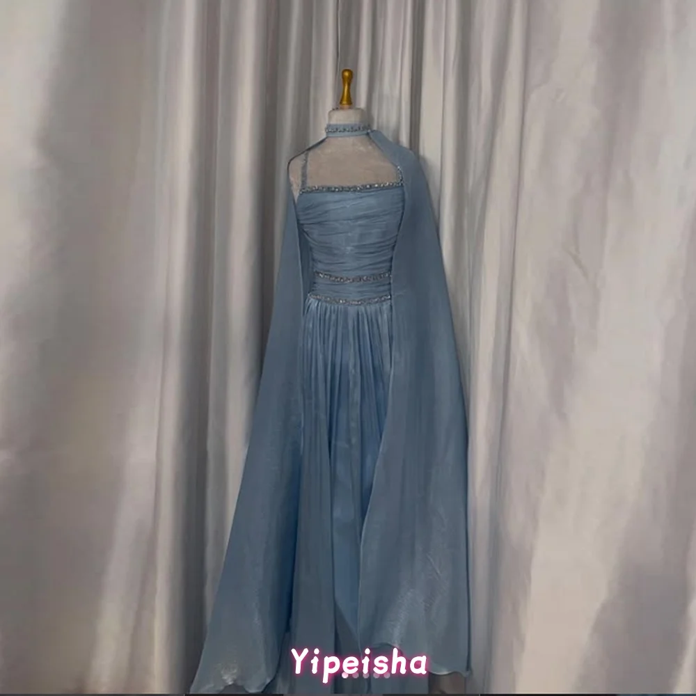 

Elegant Blue Chiffon Evening Dress Sequined A Line Scarf Formal Occasion Dress Elegant Saudi Arabia Prom Gown Customized