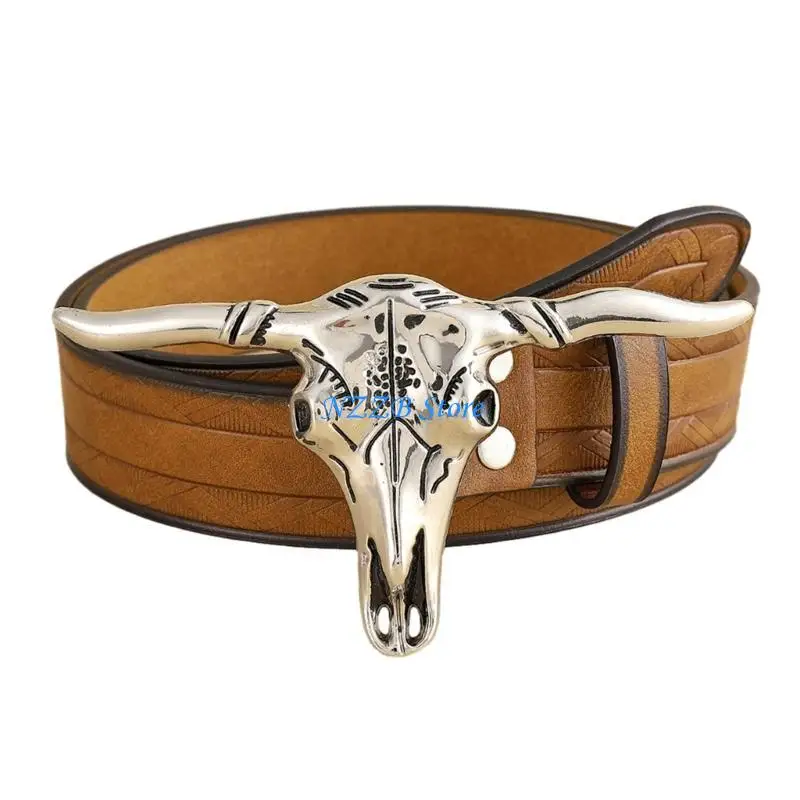 T21F الكبار بولي Leather حزام خصر من الجلد مع ستيريو الثور رئيس مشبك مقاومة للاهتراء حزام خصر للرجال المراهقين معطف بنطلون #4