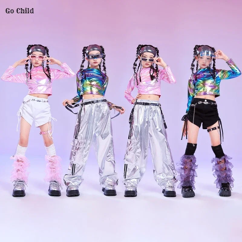 Girls K-pop Laser Crop Top Street Dance Silver Cargo Pants Hip Hop Shorts Shiny Clothes Sets Kids Jazz Costumes Child Streetwear