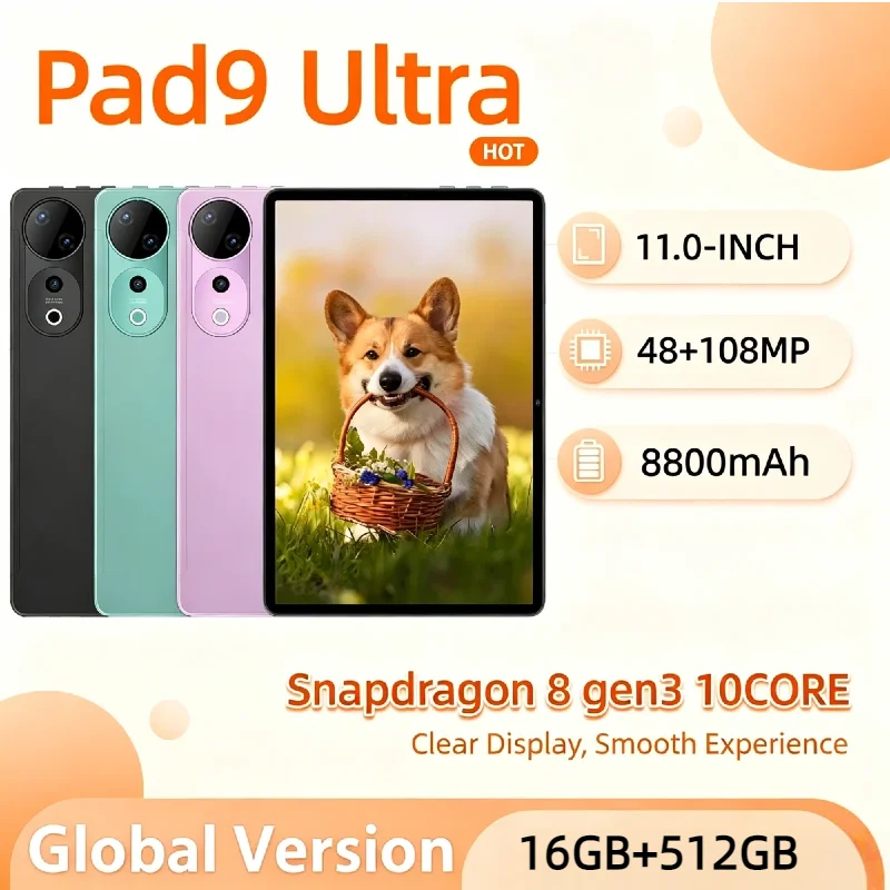 Original Pad 9 Ultra Global Version Tablet Android 15 16GB+512GB 8800mAh 5G Dual SIM WiFi Google GPS 4K HD Portable Tablette PC