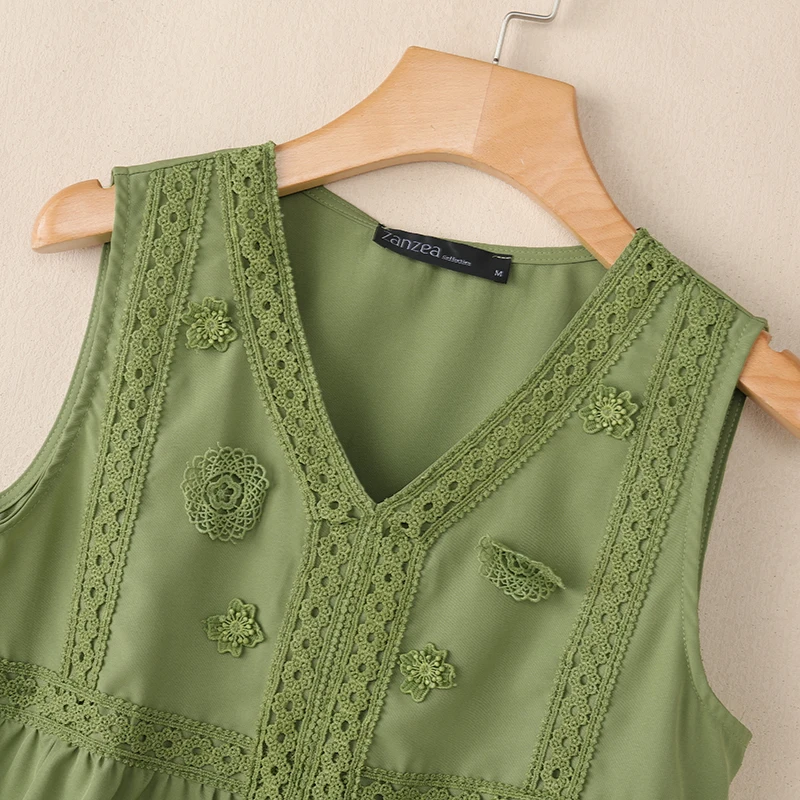 ZANZEA Sommer-Tanktops ohne Ärmel, stilvolle Damen-Tops mit V-Ausschnitt, elegante Spitzen-Patchwork-Urlaubsbluse, lässige, lockere Strand-T-Shirts – Detail 15