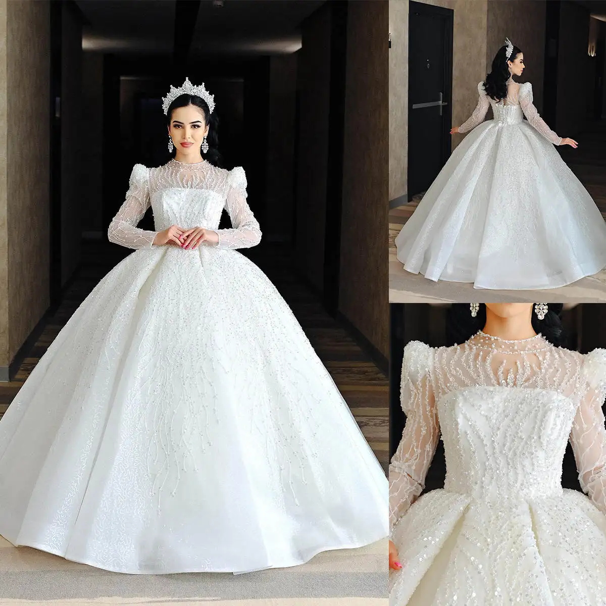 

Gorgeous Ball Gown Wedding Dress Sequins Appliques High Neck Lace Up Bride Gowns Sheer Lace Long Sleeve Bridal Dresses