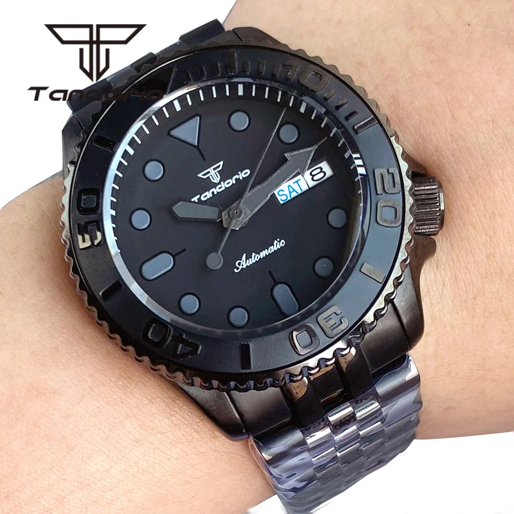 

Tandorio 41mm NH36A Date Week Black Pvd Automatic Diver Men Watch Domed Sapphire Crystal 3.8 Crown Rotating Bezel Luminous 20bar