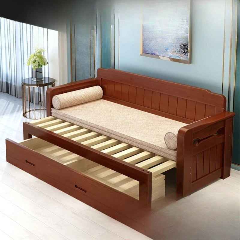 

Solid wood sofa bed foldable small apartment double sitting and lying push-pull living room multi-function