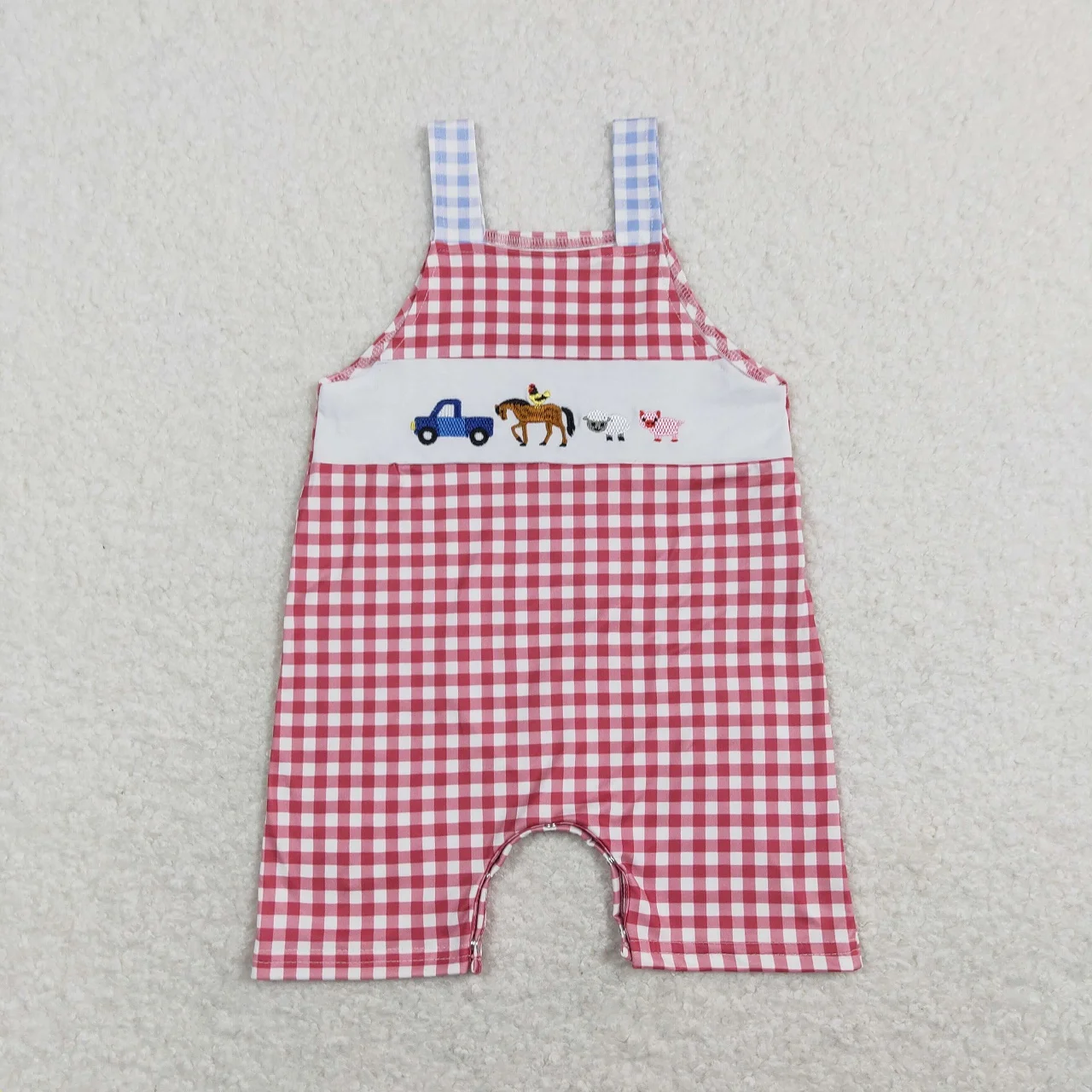 Barboteuse à carreaux ferme brodée pour bébé garçon, nouveau-né, été, fibre de coton, une pièce, salopette à boutons pour enfants, vente en gros