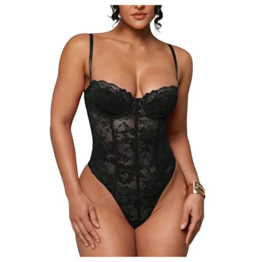 

SweatyRocks Women's Sheer Lace Spaghetti Strap Underwire Bodysuit Corset Tops Sexy Skinny Leotard