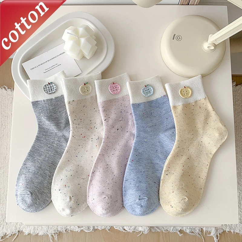 

5 Pairs Women's Socks Set Korean Apple Comfortable High Quality Cotton Sock Button Color Blocked Simple Versatile Mid Tube Socks