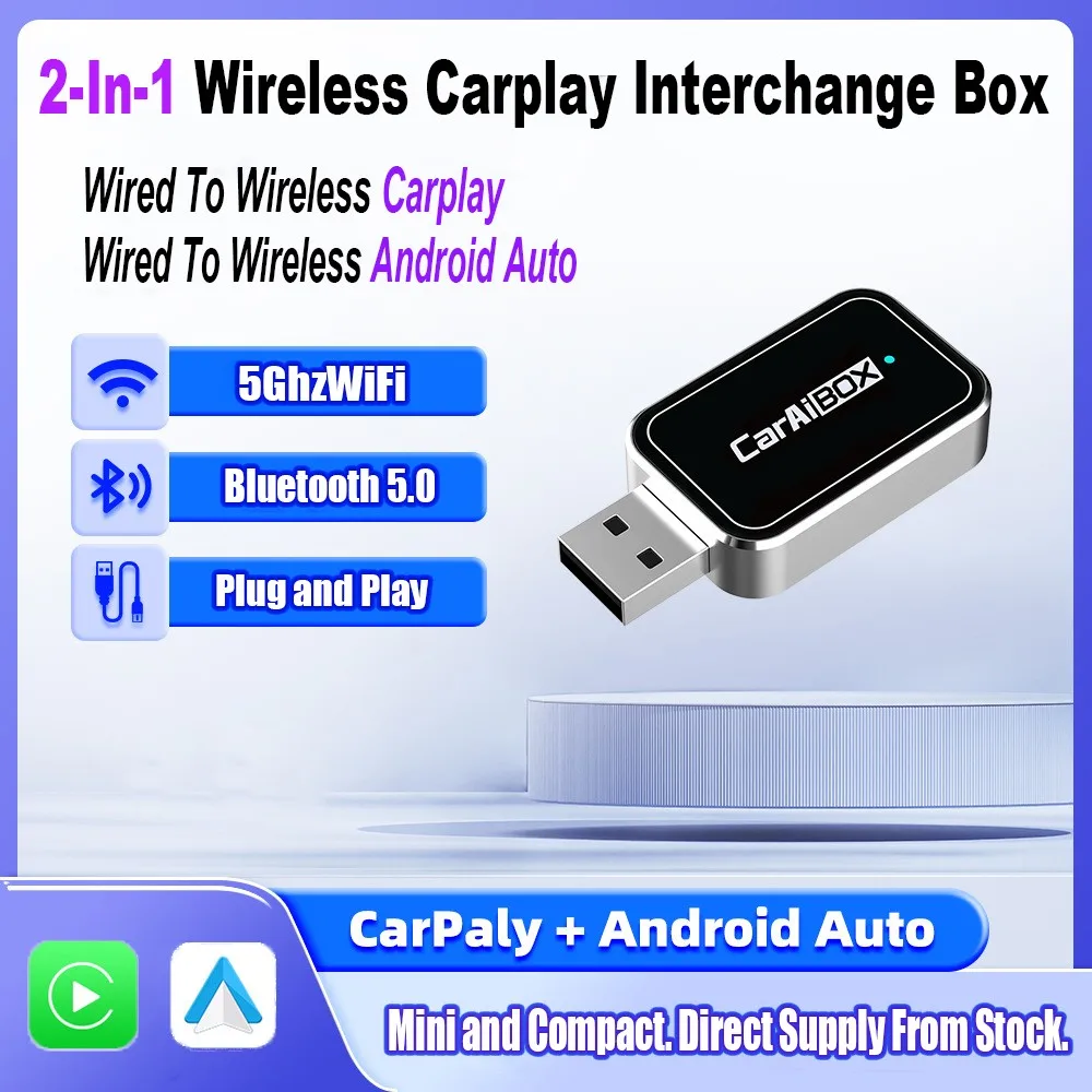 2-In-1 Wireless Carplay Adapter Wireless Android Car Adapter Box C8 with Ambient Light for Car Radio with Wired Carplay