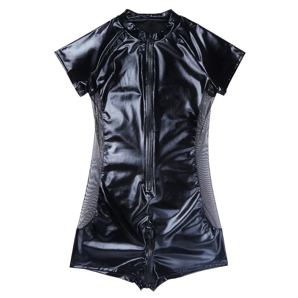 Male Latex Catsuit Wetlook Patent Leather Romper Zipper Open Crotch Jumpsuit Short Sleeves Bodysuit Underwear Club Stage Costume