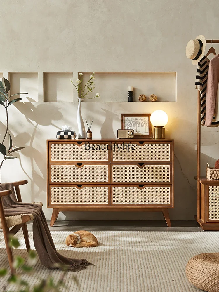 

yj9Nordic Solid Wood Rattan Woven Four Or Five Chest of Six Drawers Simple Modern Dining Side Drawer Storage
