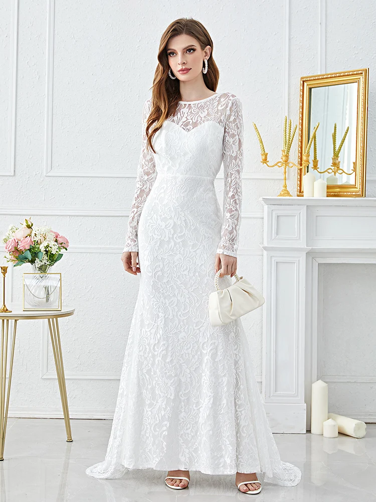 

Women Casual Elegant Maxi Dresses 2023 New Spring Autumn Lace Long Sleeve Crew Neck Turkish Wedding Evening Party Robe Vestido