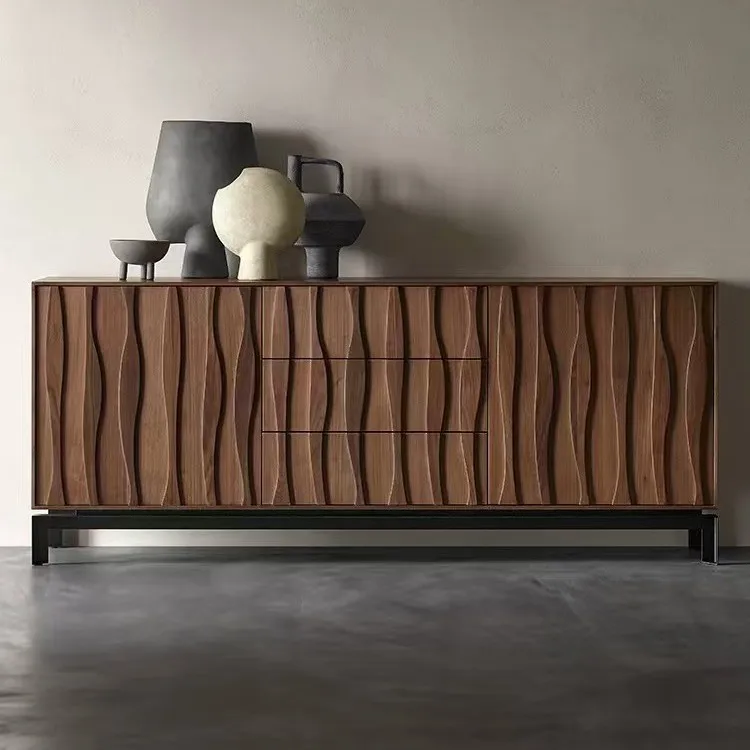 

Medieval style solid wood dining side cabinet, living room wall decoration locker, wabi sandy wind, black walnut design sense en