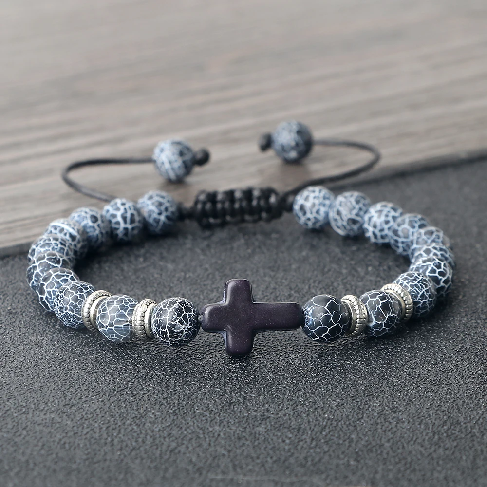 Vintage Cross Men Bracelets Bangles 8mm Natural Stone Black Lava Onyx Beads Meditation Bracelets Women Fashion Yoga Jewelry Gift