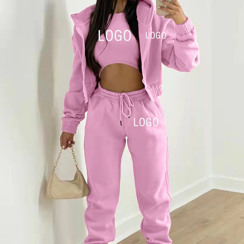 Custom Logo Women\'s Tracksuit Spring Autumn 3 Pieces Set Hooded Sweatshirt and Sweatpants and Vest Casual Female Jogging Suit