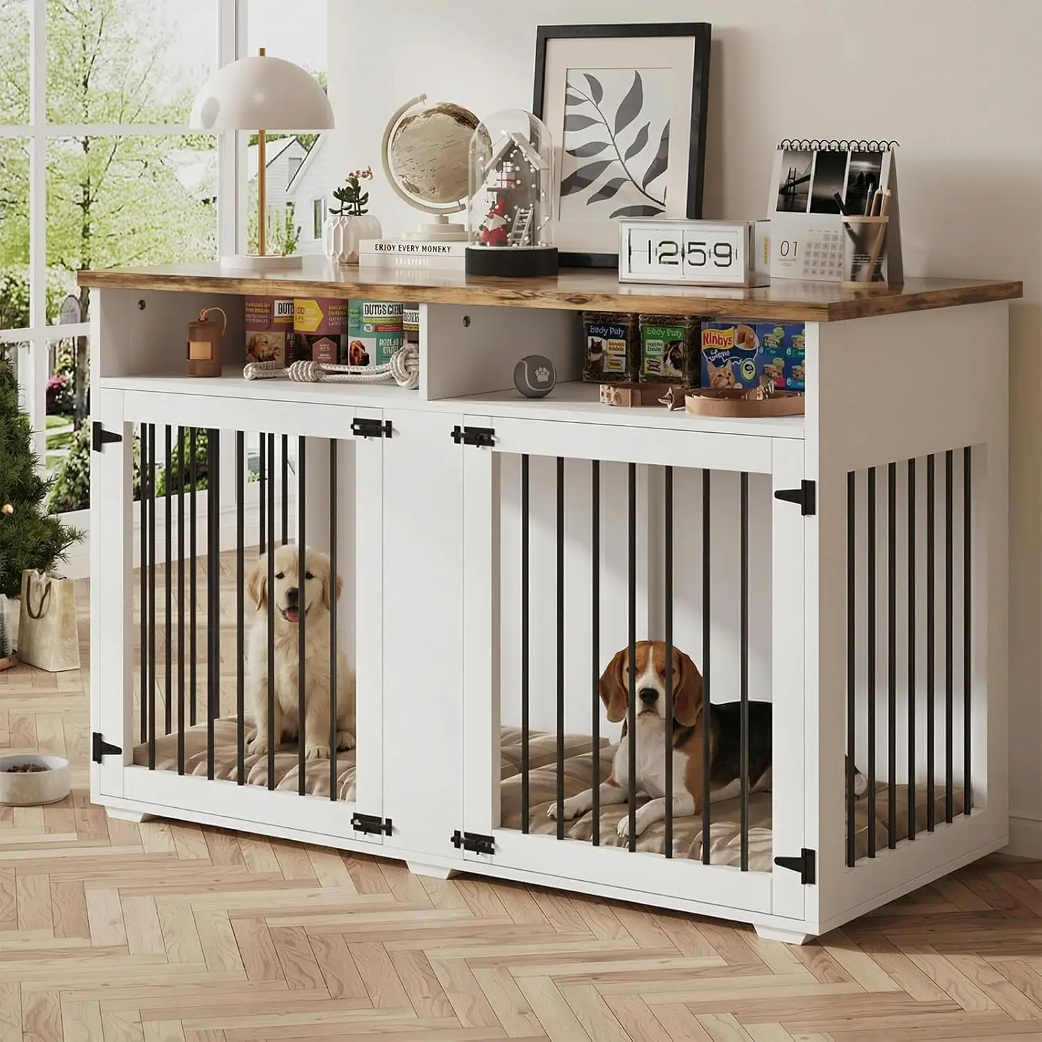 

55'' Dog Crate Furniture for 2 Dogs, Wooden Dog Cage with Storage Compartment, Indoor Dog Kennel with