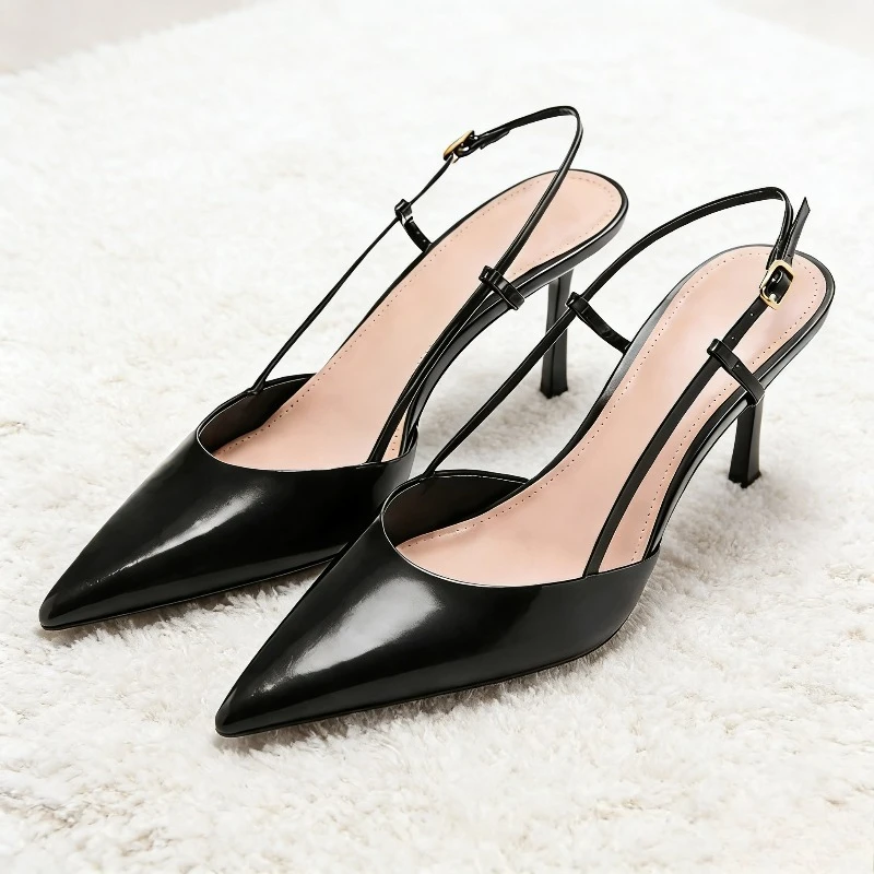 

Elegant Black Patent Leather High Heels Women Luxury Pointed-toe Slingback Buckle Designer Shoes Fashion Banquet Stiletto Heels
