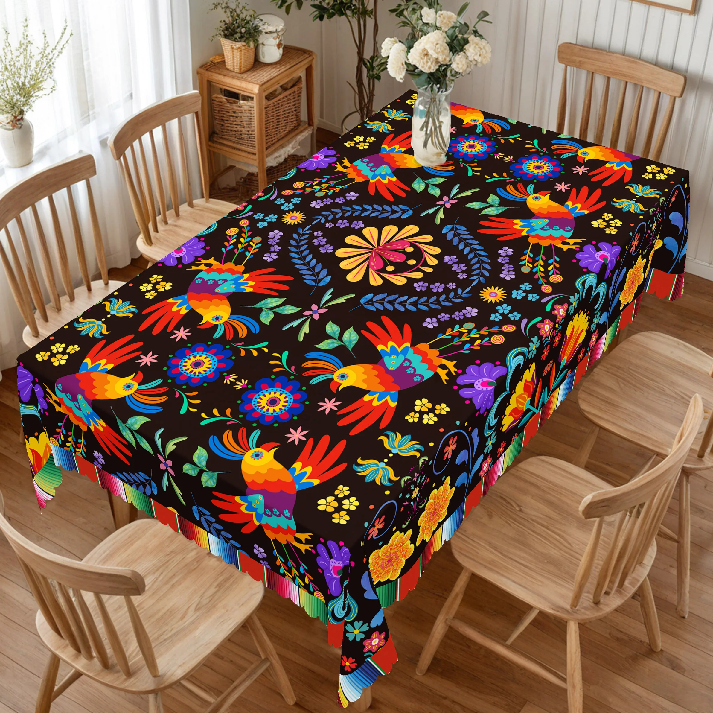 1 Piece of Mexican Classic Brightly Colored Floral Print Round Tablecloth, Mexican Ethnic Style Rectangular Tablecloth, Table Decoration for Gatherings and Parties, Suitable for Indoor and Outdoor Use in Holiday and Everyday Home Kitchens, Dining Rooms, and Patios