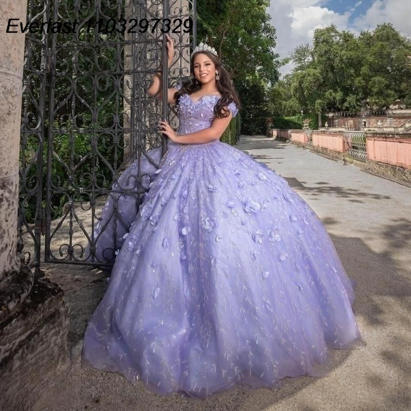 EVLAST messicano lavanda Quinceanera abito da ballo 3D Applique floreale perline corsetto dolce 16 abiti De XV 15 Anos TQD725