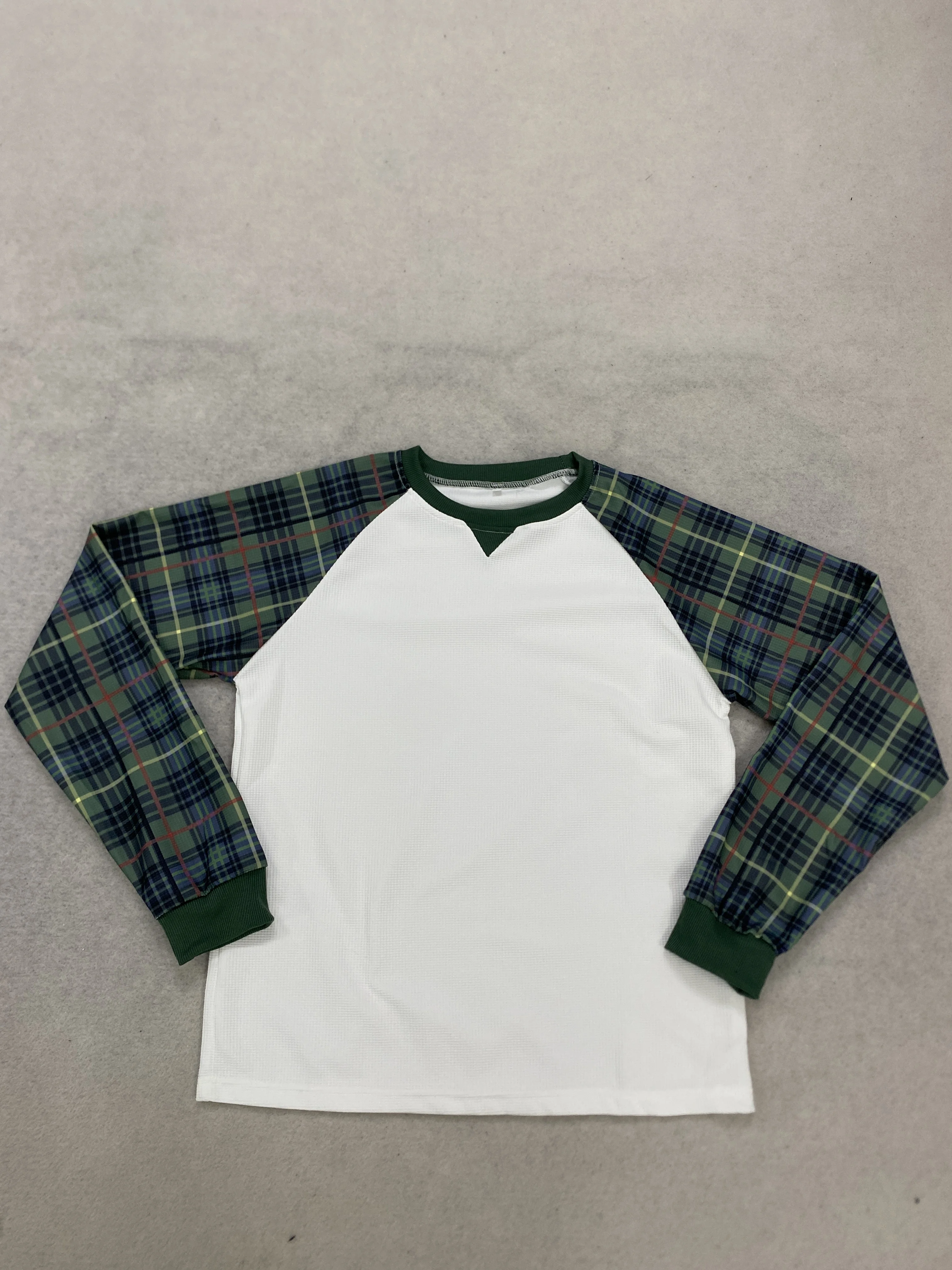 Vintage Plaid Raglan Long Sleeve T‑Shirt Waffle Knit Notch V‑Neck Loose Casual Top