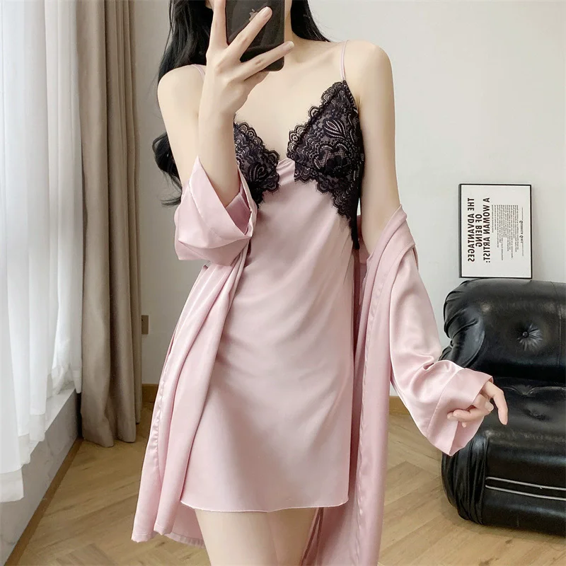 Sexy Lace Bathrobe Gown Suit Nightdress Summer New Female Nighty&Robe Set Nightgown Silky Satin Home Clothes Loungewear