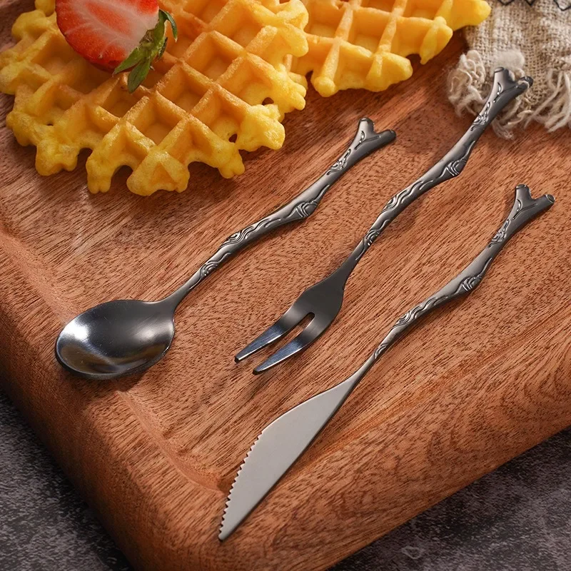 1PC Mori Small Fresh Branch Handle Stainless Steel Spork Spoon Coffee Cake Retro Dessert Spoon Fruit Fork With Hand Gift Bento