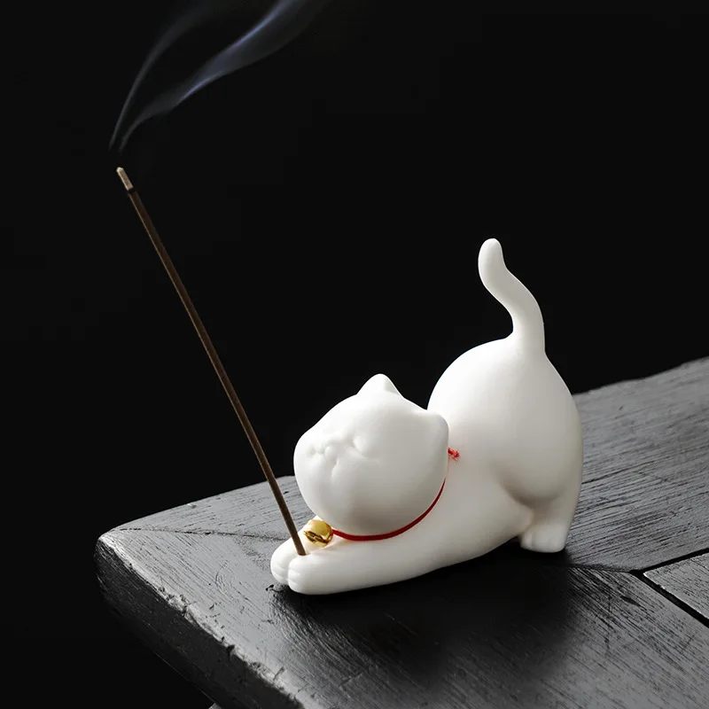 1PCS Cute Incense Burne Mini Lovely Cat Ceramic Decorative Incense Burner Incense Stick Holder Home Decor Gifts-Without Incense