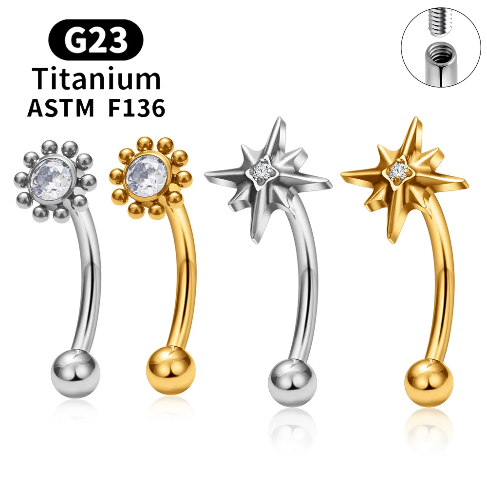 ASTM F136 Titan 16G CZ Blumen-Rook-Ohrring 6/8/10mm Gebogener Barbell-Labret-Stud Augenbrauen-Tragus-Knorpel-Körperpiercing-Schmuck