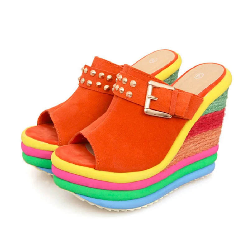 Summer Sexy Bohemia Casual Rainbow Peep Toe Platform Sandals for Women Wedges Sandalias Plataforma Shoes High Heel Tacones Mujer