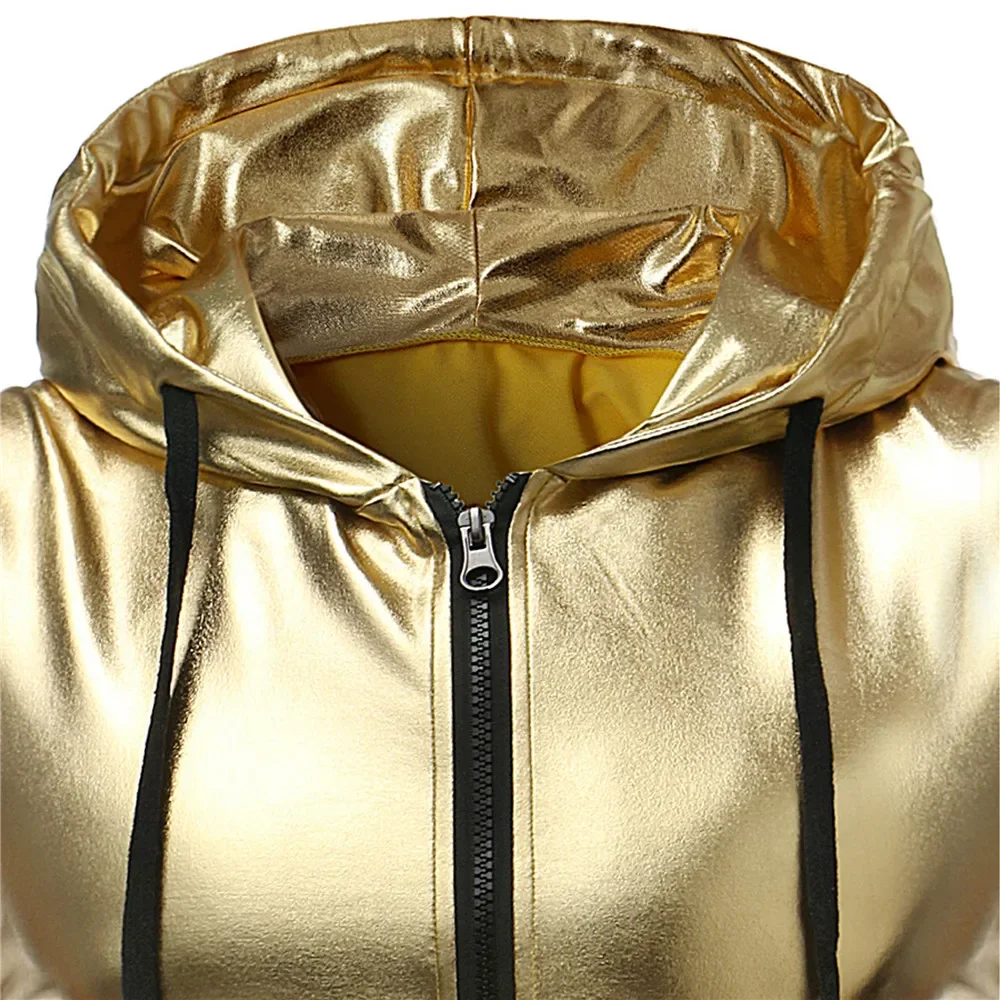 Mens Metallic Wetlook Faux Leather Sleeveless Hooded Coats Man Zipper Jacket Tops Biker Vests Male Nightclub Stage Dance Costume
