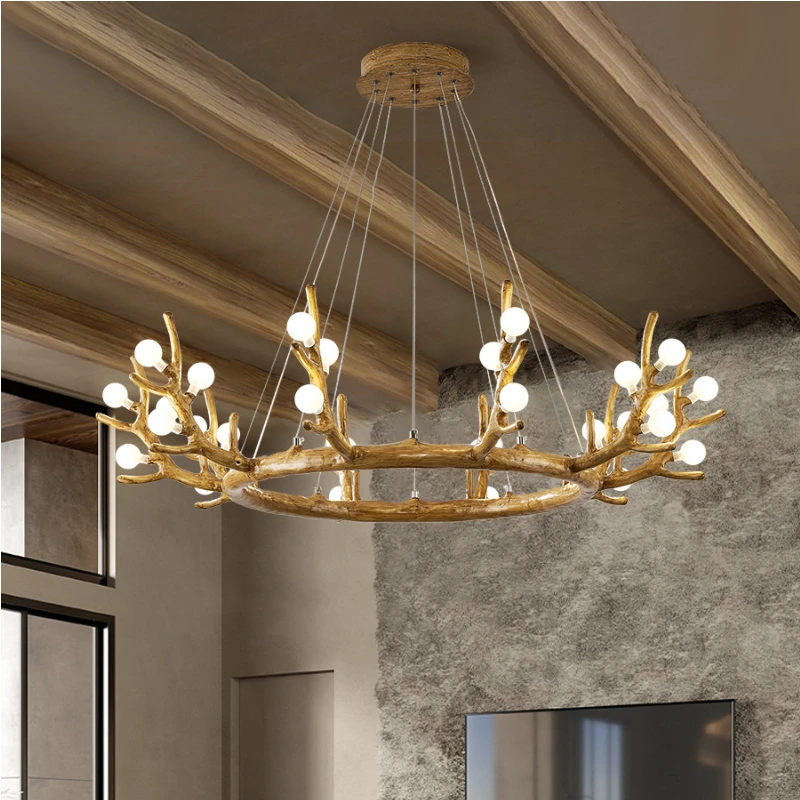 2024 American Country Retro  Antler Chandelier for Restaurant Living Room Pendant Lamp Modern Home Decor Vintage Rustic Lighting